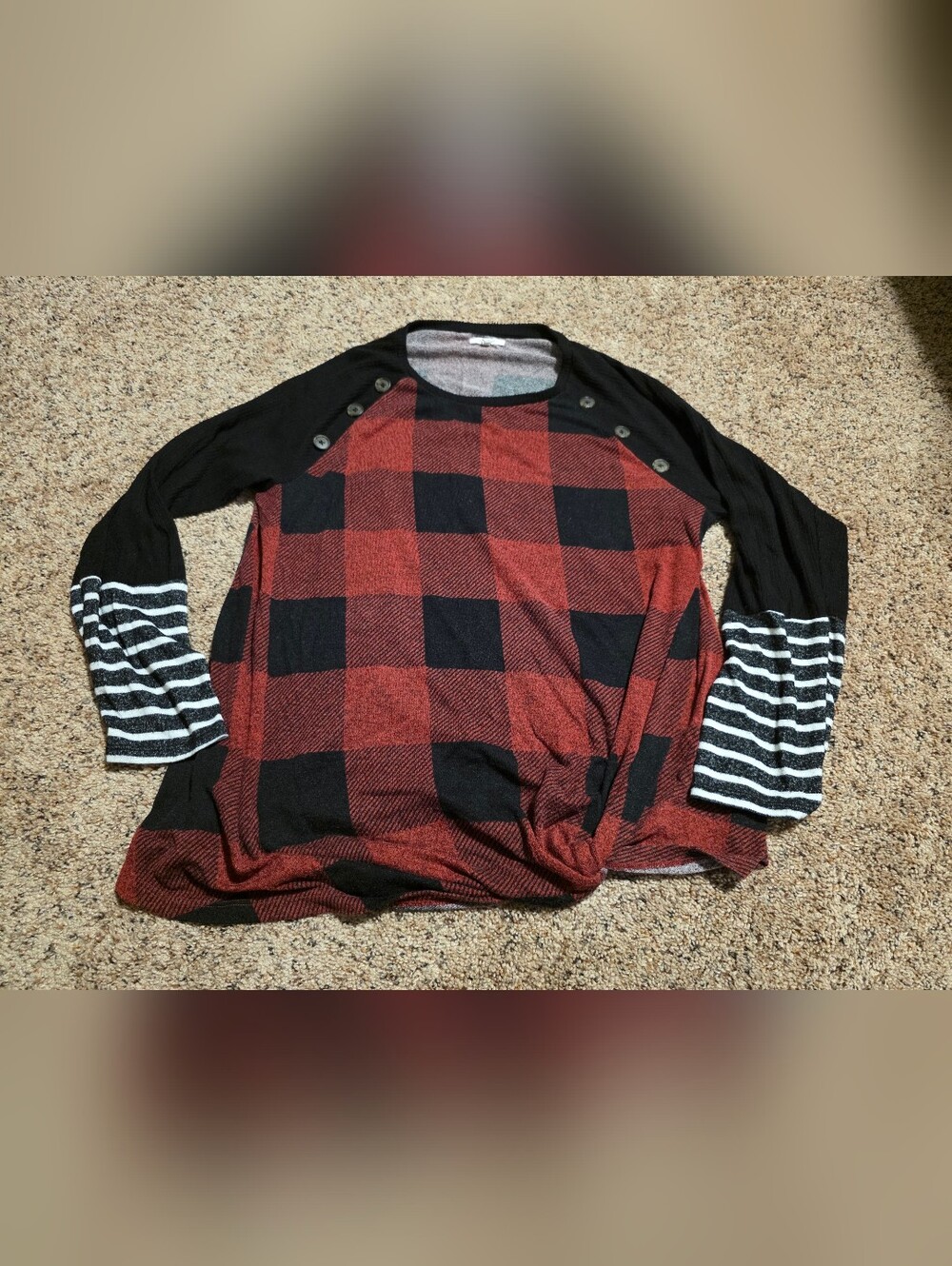 Maurices XXL Red and Black Plaid Sweater with Shoulder Button Detail